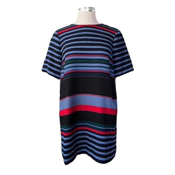Zara Woman Blue Red Black Striped Short Sleeve Shift Dress Size M Preppy Classic - Picture 2 of 9